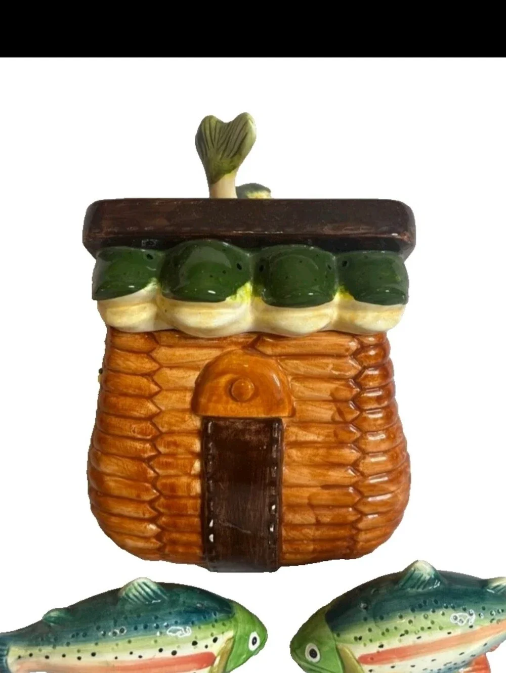 Vintage Mercuries Ceramic Fishing Creel Cookie Jar Salt Pepper Shakers Set Bass